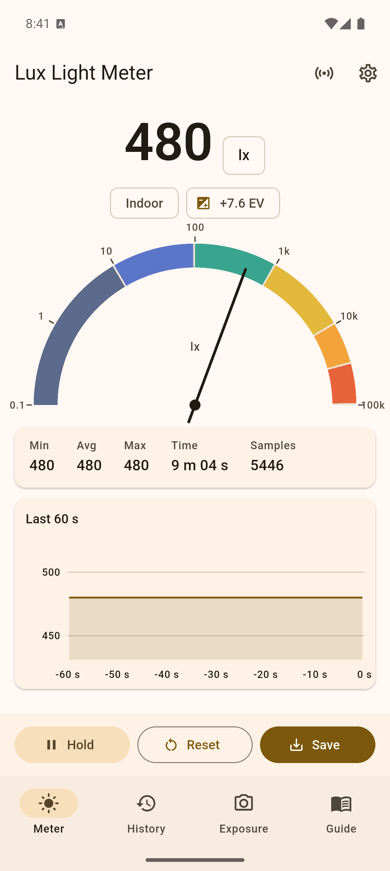 Lux Light Meter running on Android, showing its live value, gauge, session statistics and chart